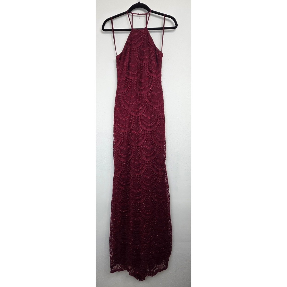 Trixxi Clothing CO. Dress Women 3 Red Lace Halter Glitter Maxi Gown Excellent
